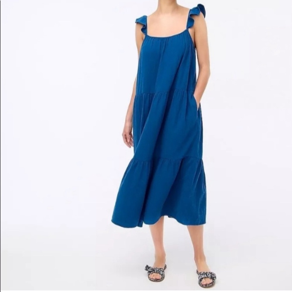 J. Crew Factory Ruffle Strap Cotton Gauze Teal Blue Maxi Dress, size Small